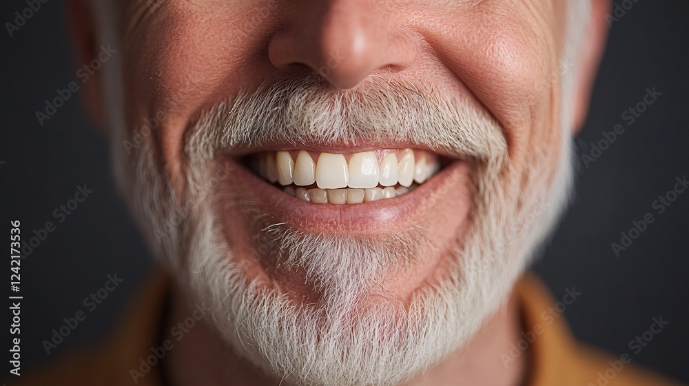Close-up of a smiling senior man with a white beard showing perfect teeth Close-up of a smiling senior man with a white beard showing perfect teeth