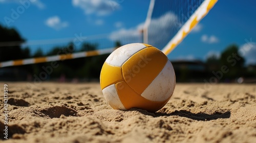 A bright yellow and white volleyball rests on sandy beach with a net behind
