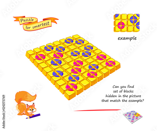 Can you find set of blocks hidden in the picture that match the example? Logic game for smartest. 3D puzzle. Developing spatial thinking. Page for brain teaser book. Flat vector illustration. IQ test 