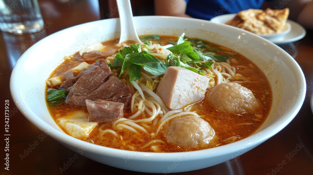 Traditional Thai boat noodles with pork balls, beef slices, and crispy pork skin in a rich broth, garnished with basil and chili flakes. Traditional Thai boat noodles with pork balls, beef slices, and crispy pork skin in a rich broth, garnished with basil and chili flakes.