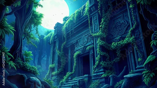 Enigmatic ancient ruins shrouded in lush greenery under a luminous full moon at night