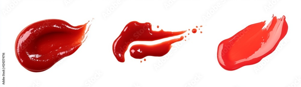Red sauce smears, splatters, white backdrop; food, design Red sauce smears, splatters, white backdrop; food, design