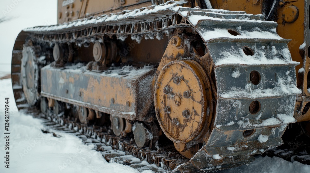Snowy Track of an Antique Caterpillar Bulldozer in Winter Landscape Snowy Track of an Antique Caterpillar Bulldozer in Winter Landscape