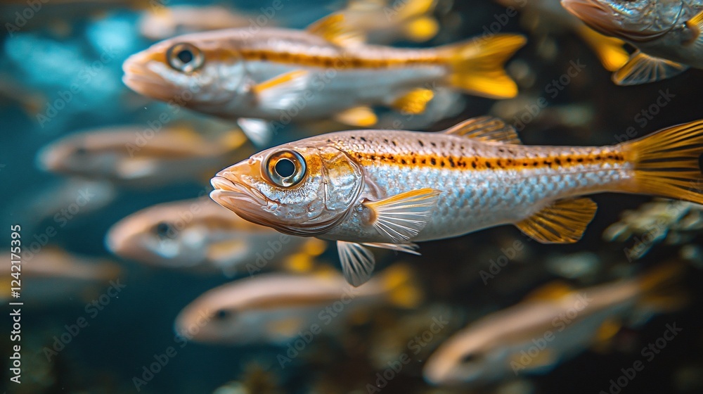Underwater scene featuring a school of vibrant fish swimming gracefully among coral reefs Underwater scene featuring a school of vibrant fish swimming gracefully among coral reefs