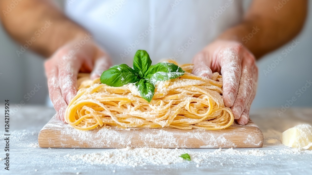 Man is holding a long piece of pasta with a leaf on top Man is holding a long piece of pasta with a leaf on top