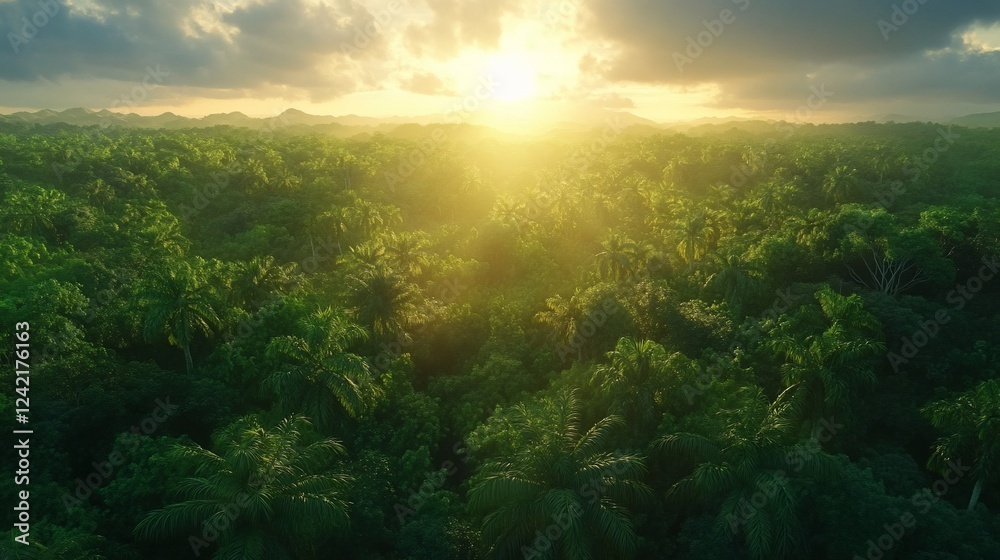 Aerial view of a lush green rainforest at sunrise, with golden light illuminating the treetops Aerial view of a lush green rainforest at sunrise, with golden light illuminating the treetops