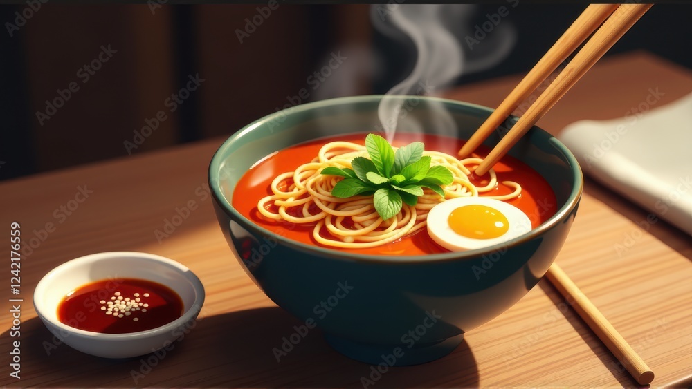 Delicious Steaming Bowl of Tomato Ramen Noodles with Egg Delicious Steaming Bowl of Tomato Ramen Noodles with Egg