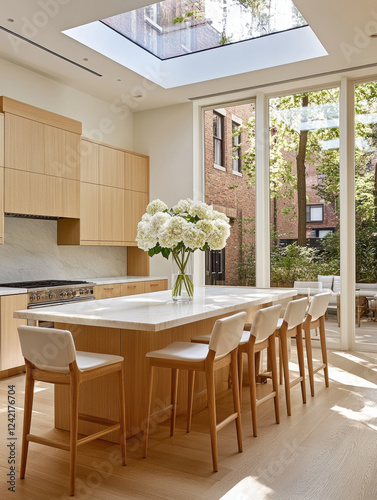 Sunlit kitchen with wooden cabinetry and a large island, adorned with white flowers, surrounded by tall windows and a view of leafy trees.