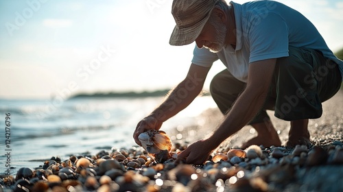 Elderly man collecting seashells on the beach at sunset with soft light
