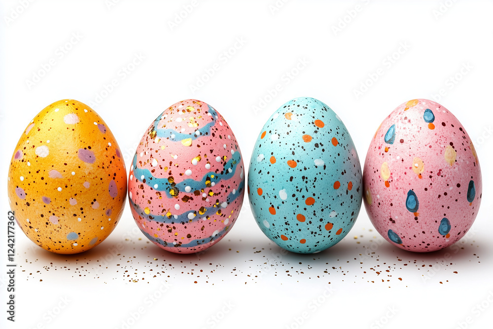 Happy Easter.Set of Easter eggs with different textures on a white background.Spring holiday. Vector Illustration isolated. Happy easter eggs