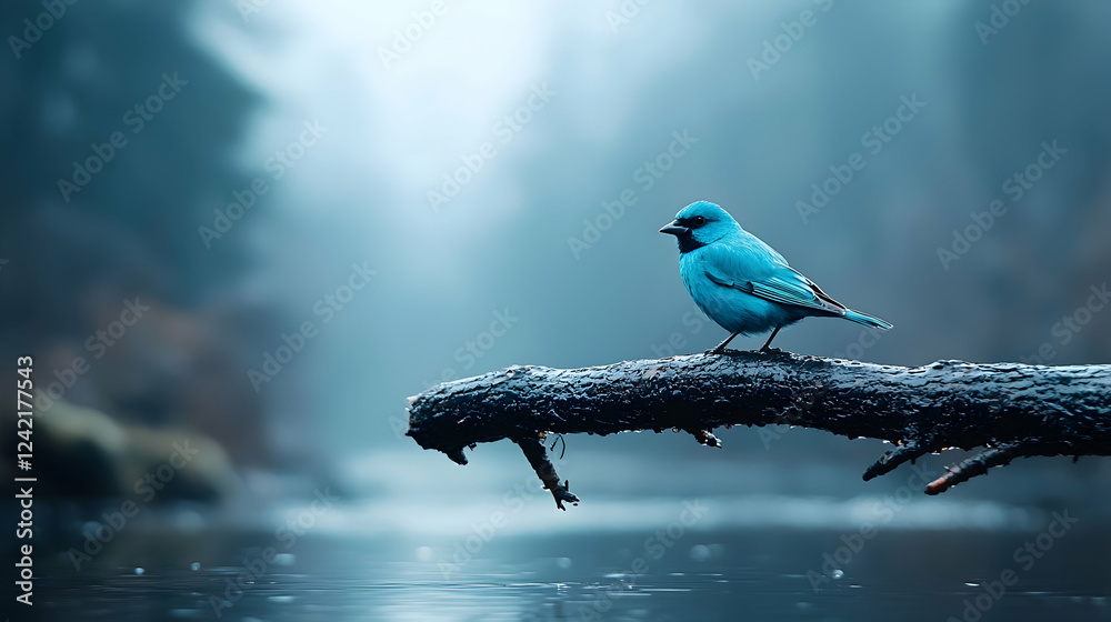 Fototapeta premium Vibrant blue bird perches quietly on a frost-covered branch above a calm river in a misty winter forest during a cold morning.