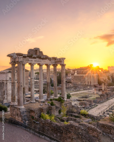 Sunrise over the Roman Forum and archaeological zone encompassing the ancient site. Rome, Italy photo