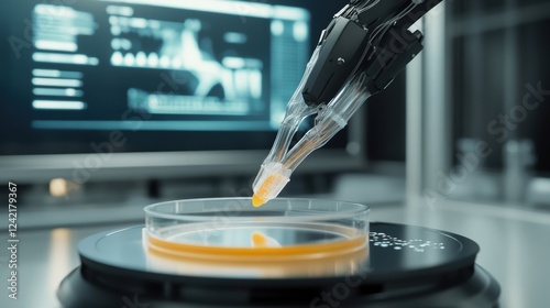 A closeup of a robotic gripper in action designed with soft silicone tips gently picking a microsample from a petri dish while a digital display in the background shows realtime data. photo