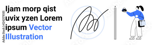 Abstract digital signature, pen, text sample, and woman holding small object. Ideal for contract signing, digital tools, technology, e-signature, online agreements professionalism flat landing page