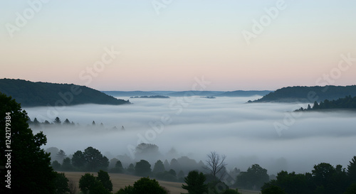 Low-hanging morning fog rolling over a valley, blending into the soft, grayish-blue