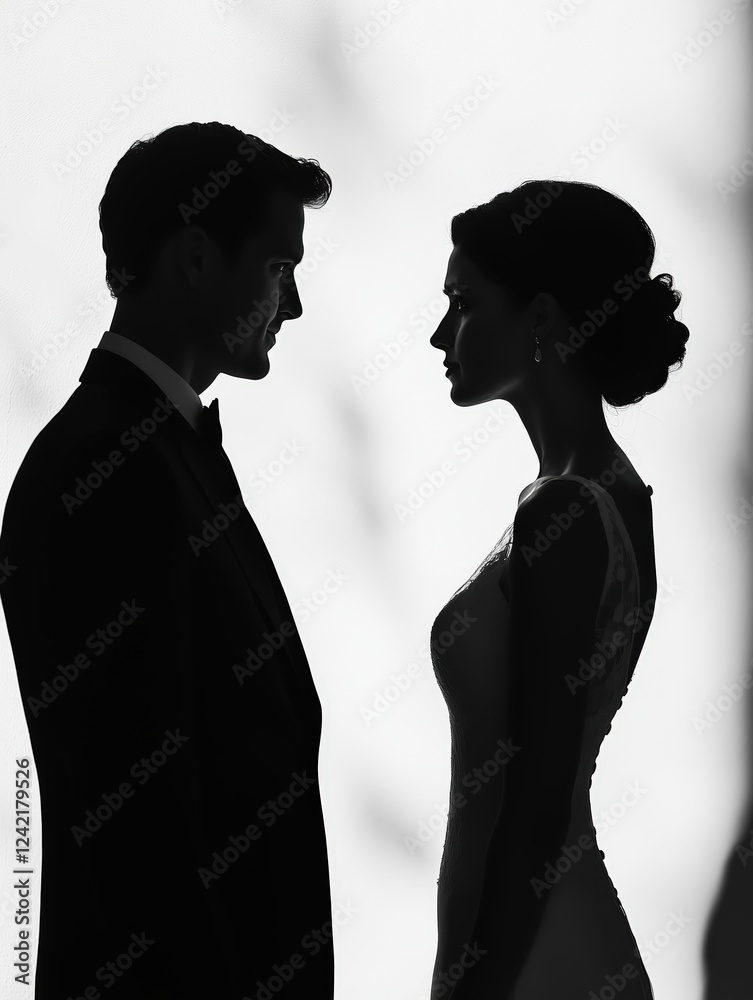 Silhouette of a couple facing each other, dressed in formal attire. Silhouette of a couple facing each other, dressed in formal attire.