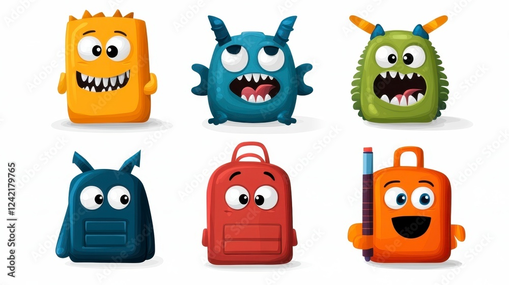 Obraz premium Colorful Cartoon Monsters and Fun Bags Character Collection