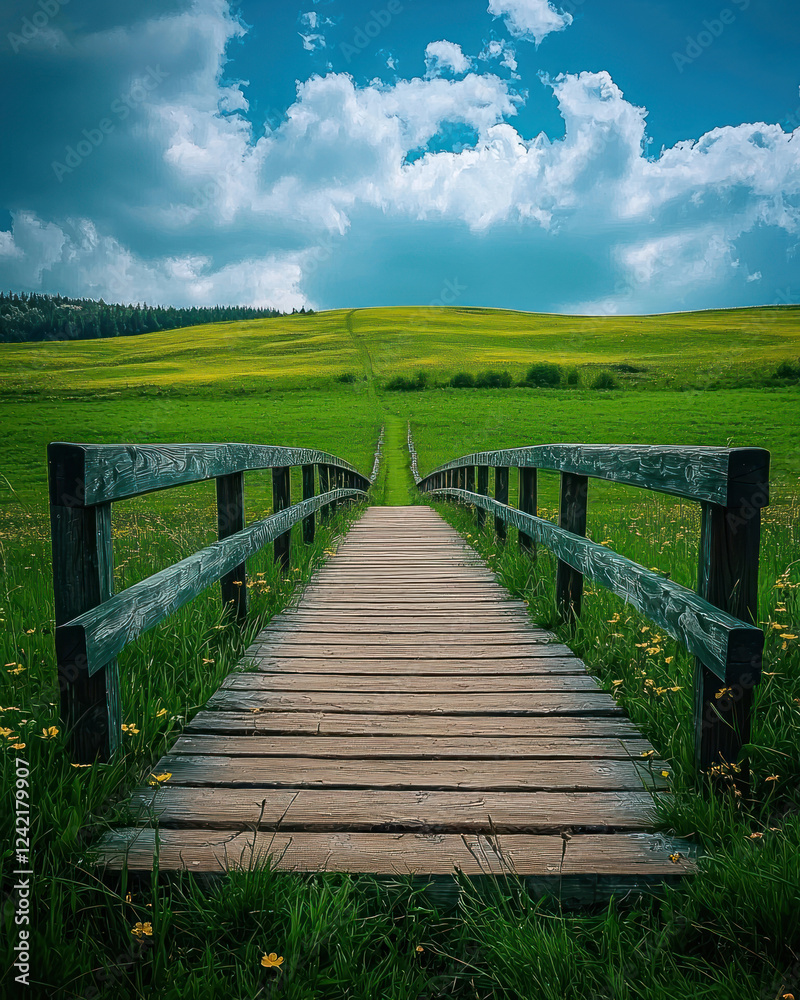 Obraz premium A wooden bridge leading into vast green field under blue sky