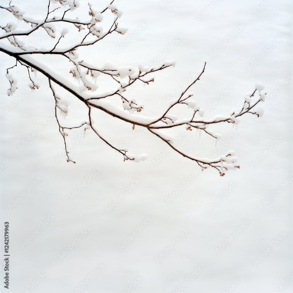 Snow-covered tree branch against white winter sky, serene nature concept Snow-covered tree branch against white winter sky, serene nature concept