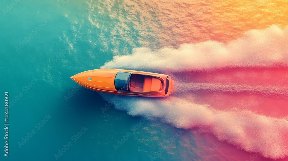 A vibrant orange speedboat racing through turquoise waters, leaving a trail of white foam in a serene setting
