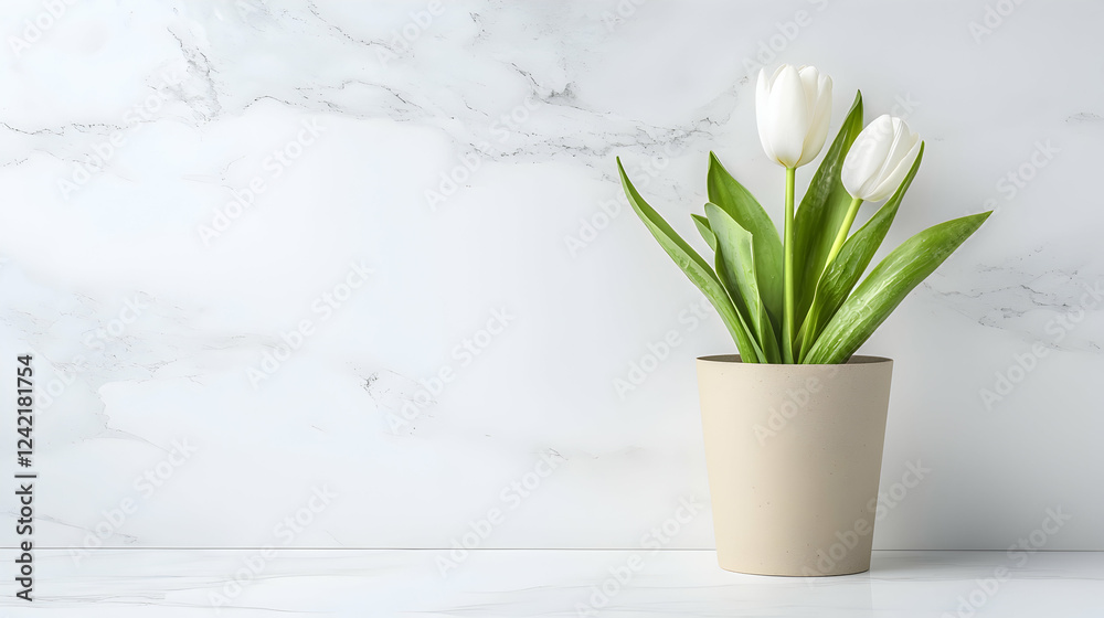 White tulips in pot on marble background White tulips in pot on marble background