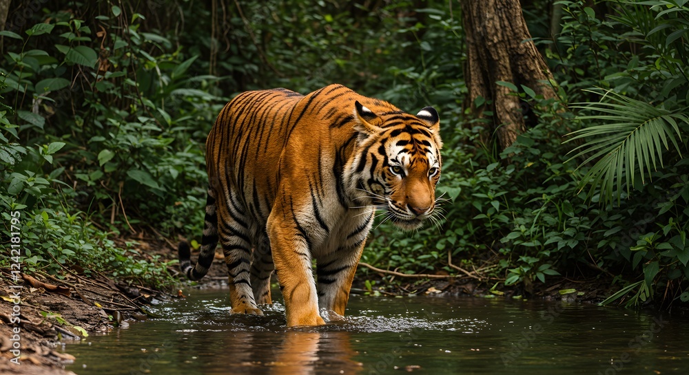 Tiger Walking Through Lush Green Forest Stream Tiger Walking Through Lush Green Forest Stream