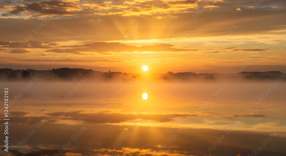 Fototapeta premium Golden clouds reflecting the first rays of sunrise over a tranquil, misty lake