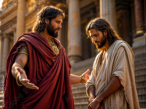 Gospel Images from the Bible NT - Pontius Pilate asks Jesus if He is the King of the Jews photo