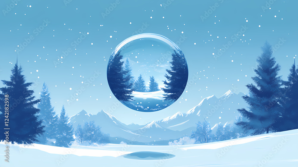 Naklejka premium Water droplet reflecting upside down world minimalist snow globe effect distorted reality dream within a. Distorted Reality Effects. Illustration