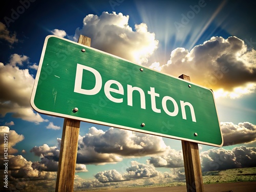 Denton Vintage Green Road Sign with Blue Sky photo