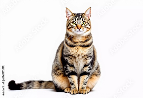 Adorable Tabby Cat Sitting on White Background