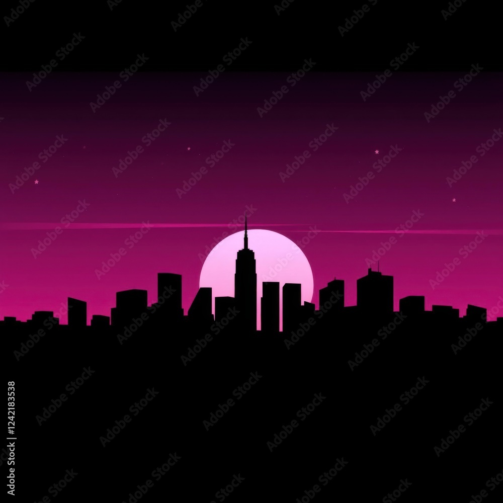 Fototapeta premium Vibrant city skyline silhouette at sunset with large sun and colorful sky skyline silhouette 