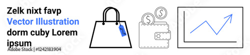 Shopping bag with tag, wallet holding coins, and upward-trending graph. Ideal for finance, shopping, growth, business, investment e-commerce and economy. Great as a flat landing page banner