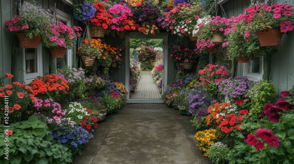 A breathtaking display of hanging flower baskets in a floral-themed courtyard. A breathtaking display of hanging flower baskets in a floral-themed courtyard.