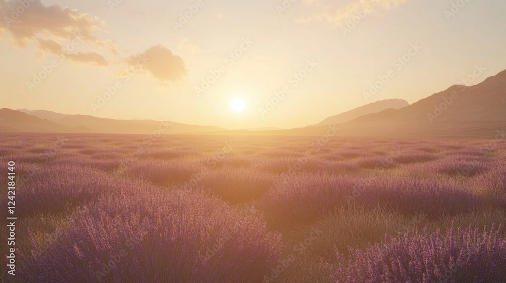Fototapeta premium A breathtaking field of blooming lavender stretching into the horizon under a golden sunset.