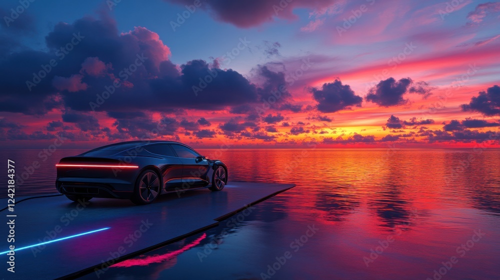Futuristic Electric Car Charging at Sunset Over Tranquil Ocean Waters Futuristic Electric Car Charging at Sunset Over Tranquil Ocean Waters