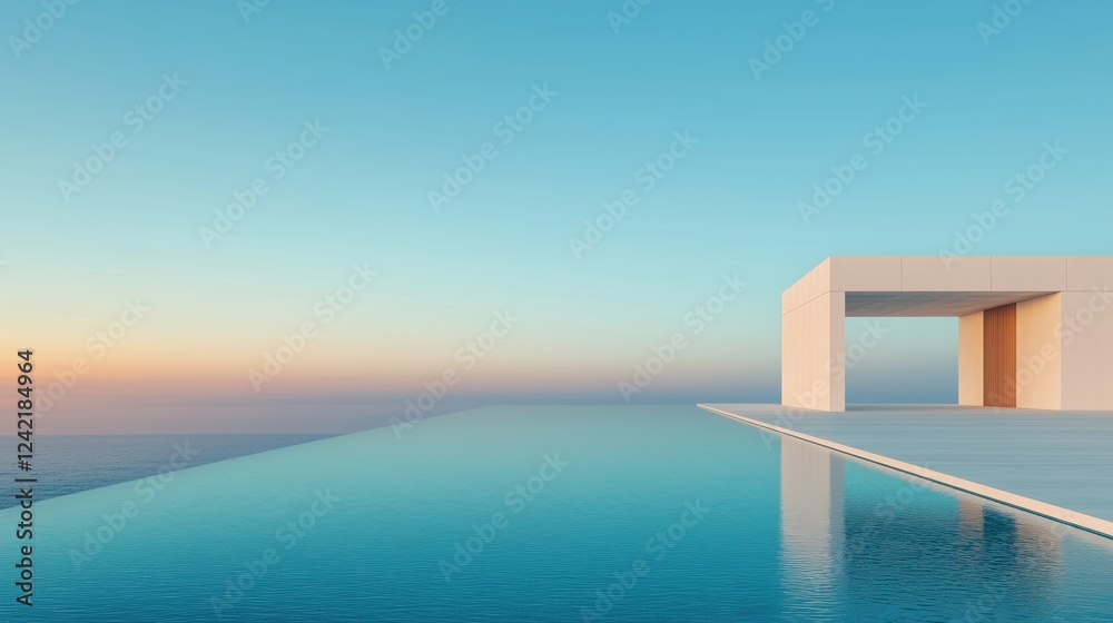 Fototapeta premium A serene modern villa overlooks a tranquil infinity pool, blending seamlessly with a clear blue sky at sunset.