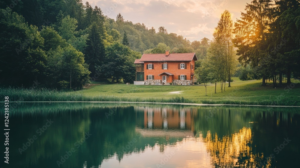 Obraz premium Lakeside house sunset reflection.