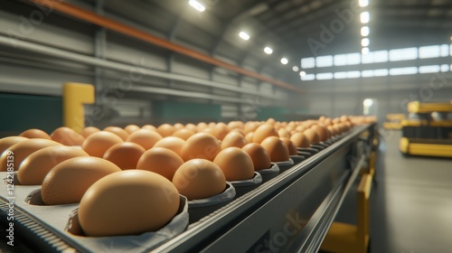 Fresh brown eggs on conveyor belt in large poultry processing facility