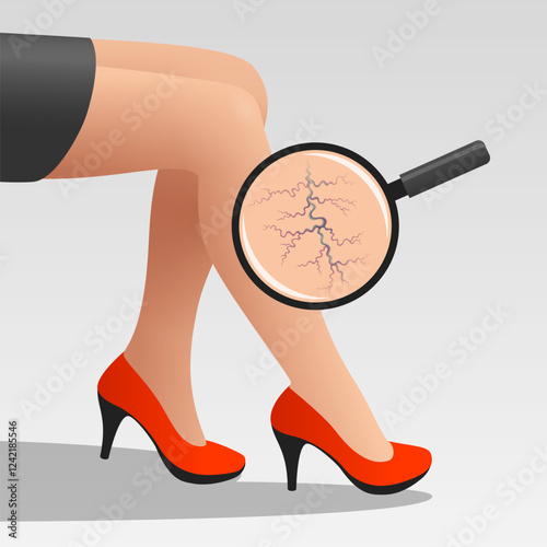 Legs of woman and dilated blood vessels seen through magnifying glass