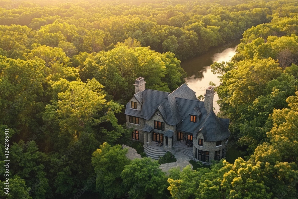 Obraz premium Aerial View of Luxurious Stone Mansion nestled in Lush Green Forest near a River.