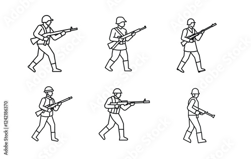 Simple, black and white line art illustrations of soldiers in various postures, holding rifles and appearing to be in motion.