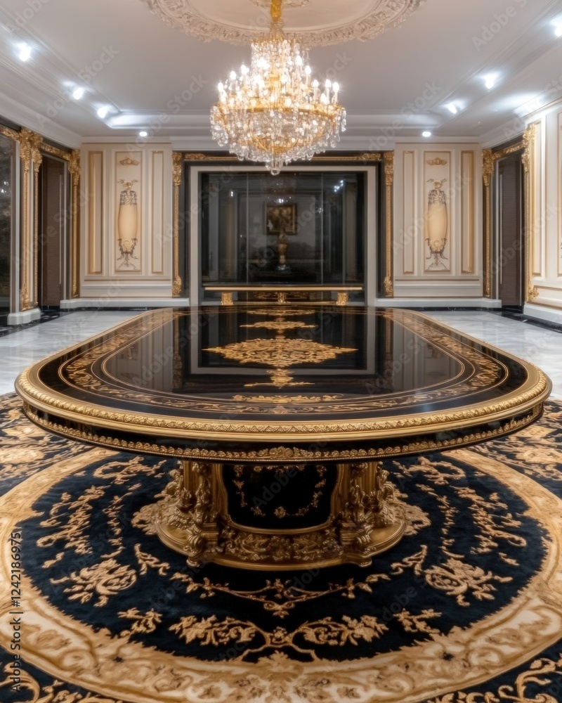 Obraz premium Opulent Dining Room with Extravagant Table and Chandelier.