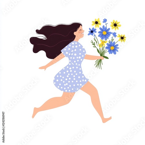Joyful plus-size woman running barefoot with a bouquet of wildflowers in a lavender polka-dot dress