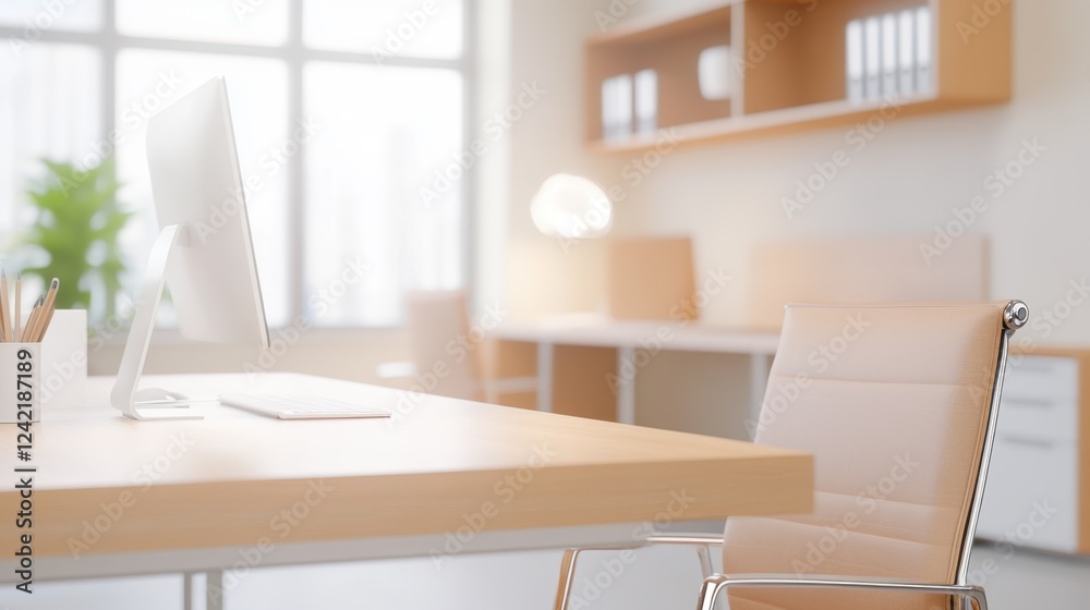Fototapeta premium Inviting modern office design with cozy ambiance in warm tones for enhanced productivity