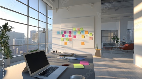 Modern Office Workspace with Creative Minimalist Design and Organized Desk Setup photo