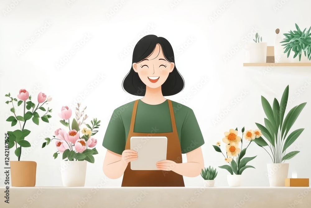 Smiling woman in a flower shop celebrating special occasions with vibrant blooms for Valentine's Day and Women's Day Smiling woman in a flower shop celebrating special occasions with vibrant blooms for Valentine's Day and Women's Day