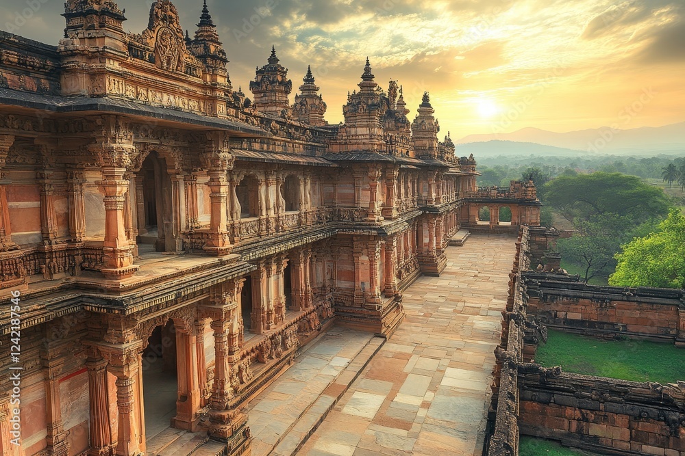 Fototapeta premium Sunset view of ancient Indian temple complex