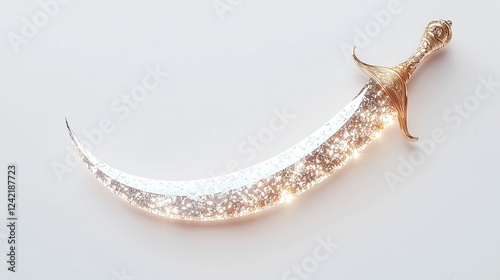 Moonlit Scimitar, a striking 3D illustration showcasing a silver-glowing scimitar against a pristine white backdrop, evoking a sense of elegance and mystique.