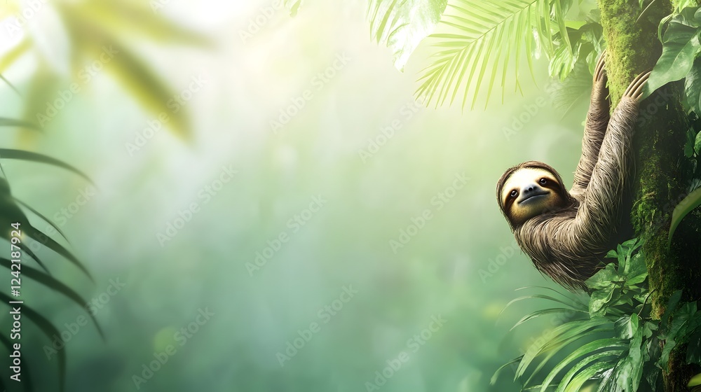 Tropical Sloth Clinging to Tree in Rainforest with Dense Green Background Tropical Sloth Clinging to Tree in Rainforest with Dense Green Background